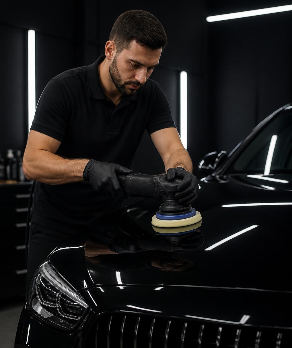 Detailer machine polishing black paint during a premium mobile detailing service in Orlando